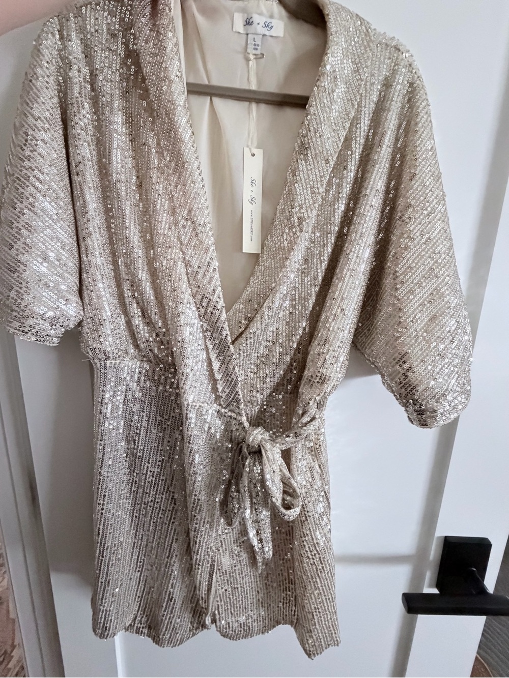 She + Sky Champagne Sequin Wrap Mini Dress